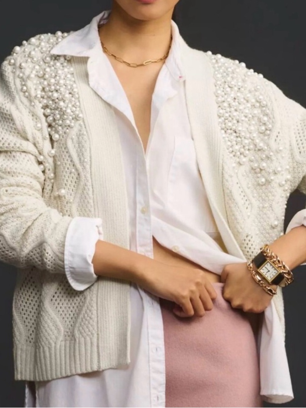 Anthropologie Cream Pearl-Embellished Cardigan